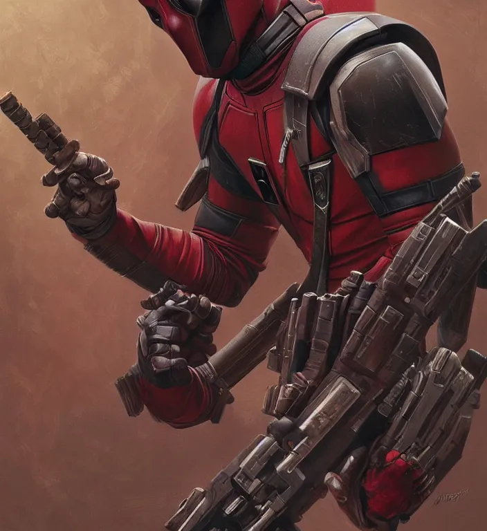 Image similar to digital artwork, deadpool mandalorian, intricate, elegant, highly detailed, digital painting, artstation, concept art, matte, sharp focus, illustration, art by Artgerm and Greg Rutkowski and Alphonse Mucha