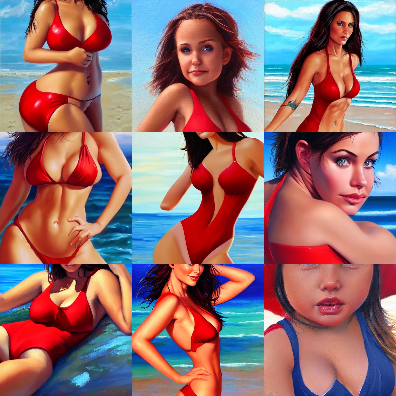 Prompt: close up portrait of young curvy courtney cox in red swimsuit on a beach, oil painting, by artgerm, highly detailed art, artstation