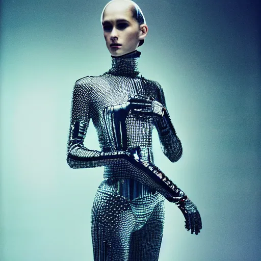 Prompt: Fashion photography of a woman wearing a futuristic outfit inspired by Ex Machina (2014), intricate, artistic photography, cinematic lighting, insanely detailed, cinestill 800t, Vogue magazine