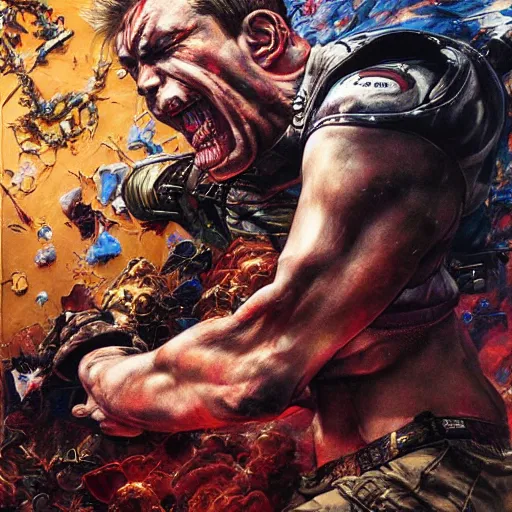 Image similar to realistic detailed UHD photorealistic Duke Nukem punching a Nazi, by Ayami Kojima, Amano, Karol Bak, Mark Brooks, tonalism, rich deep colors. Beksinski painting, art by Adrian Ghenie and Gerhard Richter. art by Takato Yamamoto. masterpiece