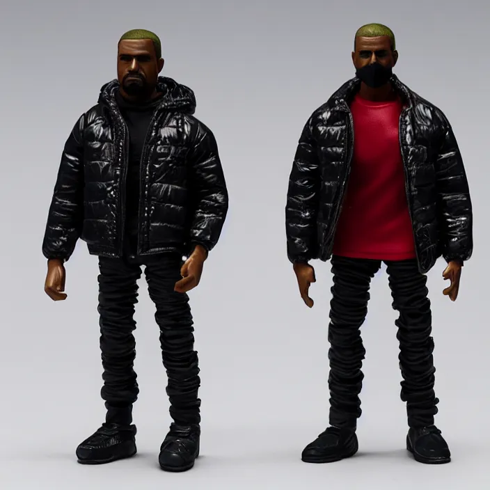 Image similar to a action figure of kanye west using full face - covering black mask with small holes. a small, tight, undersized reflective bright red round puffer jacket made of nylon. a shirt underneath. red nylon reflective pants. a pair of red shoes, figurine, detailed product photo, 4 k, realistic, acton figure, studio lighting, professional photo