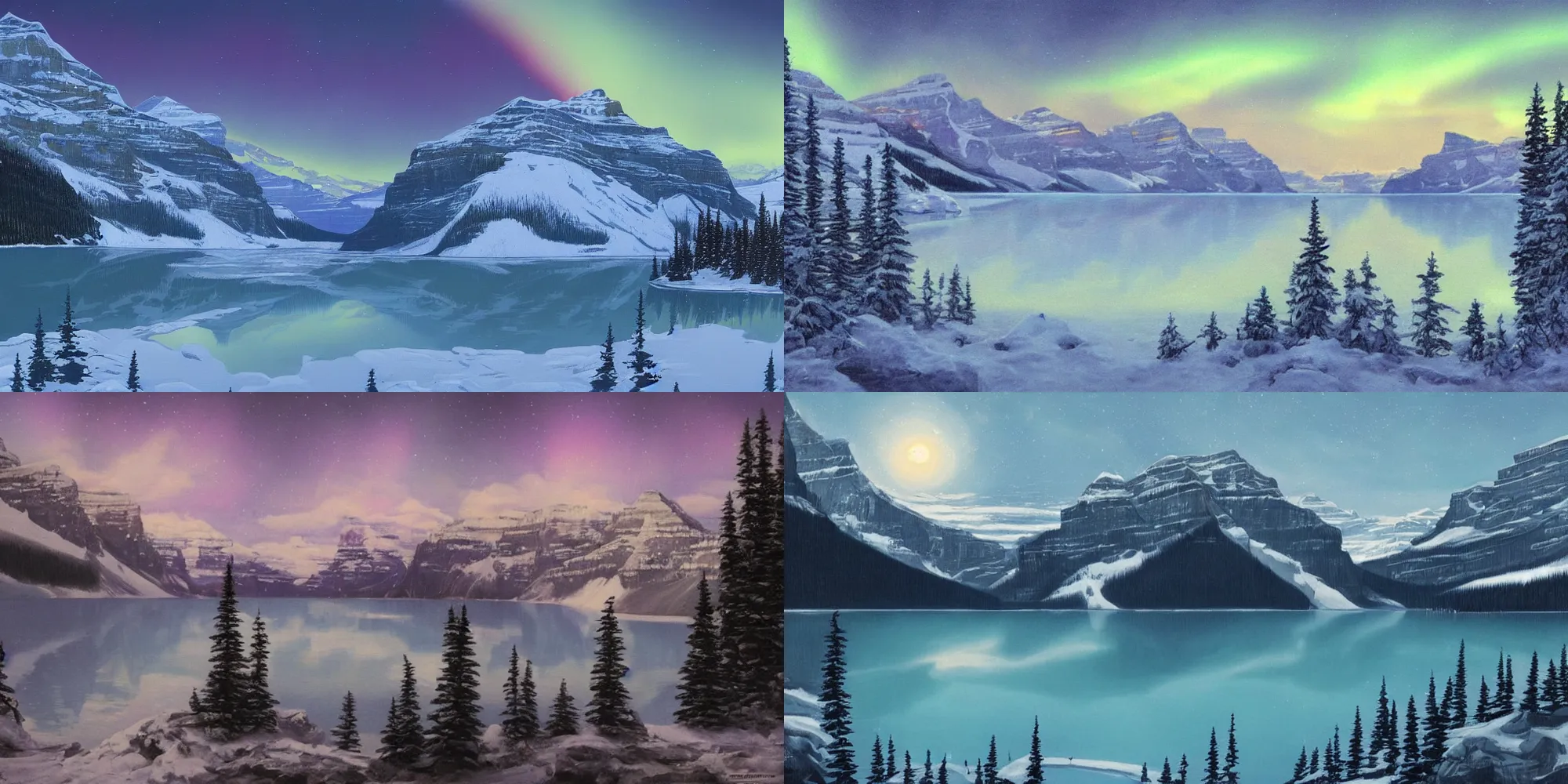 Prompt: a matte painting of Lake Louise, moonlight, northern lights, highly detailed, artstation