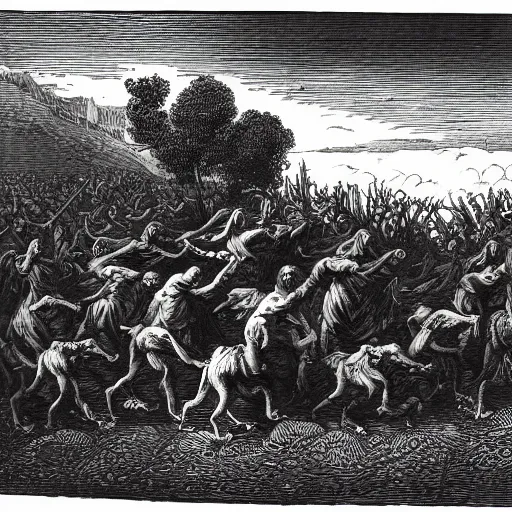 Image similar to woodblock print of the sons of cain wandering antediluvian fields with their beastly herds, genesis, by gustave dore