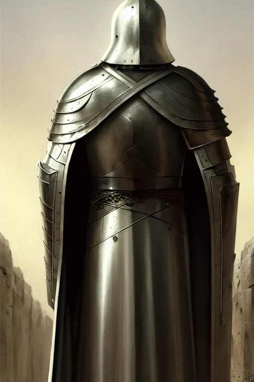 Prompt: white man looking forward in iron decorated plate armor, cylindrical crusader great helm covering all his head and white silk cape covering his back and elbows standing at the gates of jerusalem drawn by greg rutkowski realistic high detail