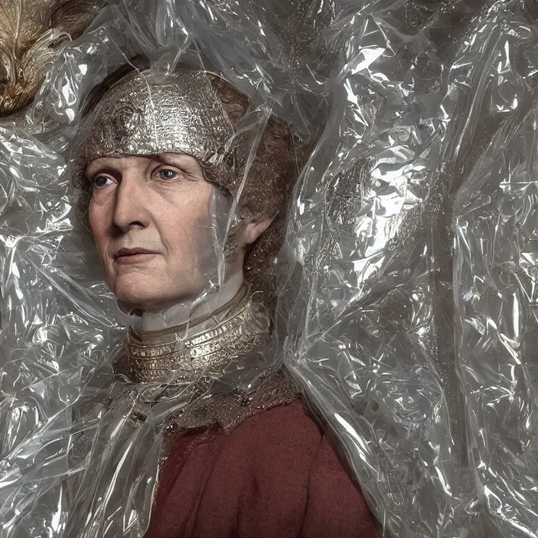 Prompt: octane render portrait by wayne barlow and carlo crivelli and glenn fabry and salvador dali and wes anderson, a 1 4 th century woman in a dramatic period dress made out of clear plastic sheets with a giant iridescent silver shakespeare style collar, cinema 4 d, ray traced lighting, very short depth of field, bokeh