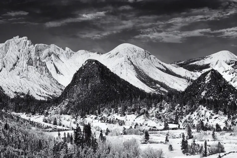 Image similar to distant tyrannosaurus rex large theropod dinosaur inside a valley, huge snowy peaks, in the style of ansel adams, black and white, old, master photography