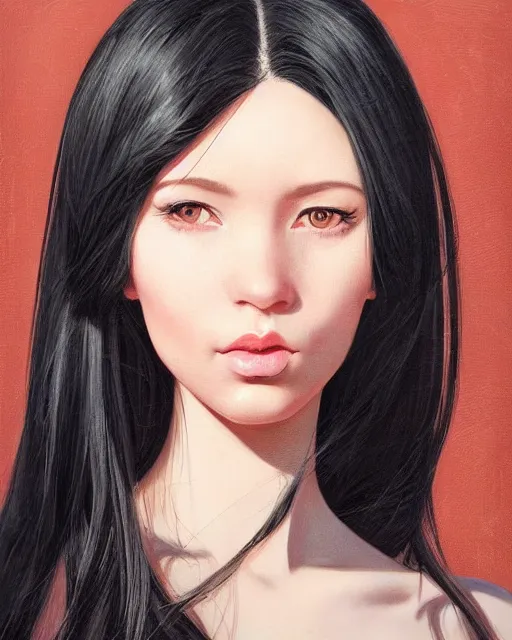 Image similar to portrait of woman cute-fine-face, with long black hair that extends past her waist with locks of hair that frame her face down to her chin and shows off her high forehead, pretty face, realistic shaded Perfect face, fine details. Anime. realistic shaded lighting by Ilya Kuvshinov Giuseppe Dangelico Pino and Michael Garmash and Rob Rey, IAMAG premiere, aaaa achievement collection, elegant freckles, fabulous