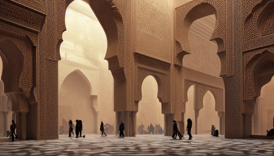 Image similar to the inside of a monument with moroccan motifs, by tim blandin and arthur haas and bruce pennington and john schoenherr, big windows architecture by zaha hadid, octane render, cinematic, scenery, cgsociety, modernism, futuristic, trending on artstation, sci - fi, high detail, high quality, close up angle, people walking