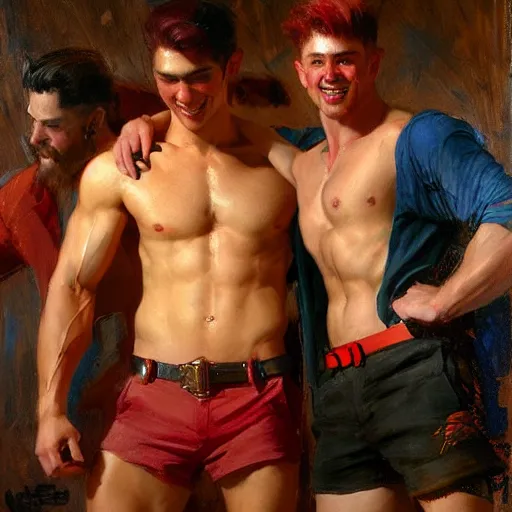 Image similar to attractive muscular male with red hair and attractive muscular male with black hair. pants and shorts, drinking their hearts out, having fun, in a pub. very defined painting by gaston bussiere, j. c. leyendecker, craig mullins 8 k