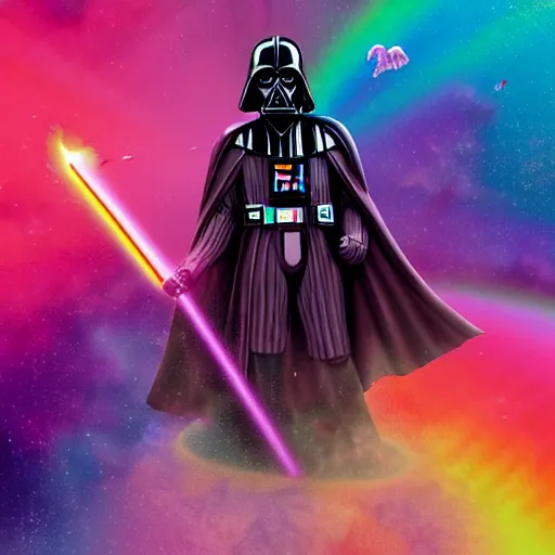 Image similar to beautiful matte painting, rainbow colored pink pink darth vader wearing pink wearing pink, riding a unicorn, riding a unicorn, riding a unicorn with one horn, over a glittering rainbow, in psychedelic space, by lisa frank and dan mumford, octane render, HDR, vivid color, volumetric lighting, unreal engine, concept art, CGsociety, trending on artstation