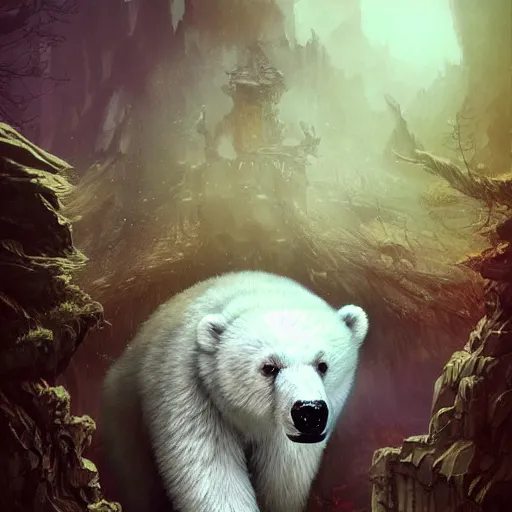 Image similar to white furry polar bear, steampunk googles, highly detailed, unreal engine 5, cinematic, 8 k, by megan duncanson, benjamin lacombe, adrian borda, stanley artgermm, tom bagshaw, craig mullins, carne griffiths, ayami kojima, beksinski, giger, trending on deviantart, hyper detailed, horror, full of colour