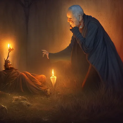 Image similar to a old necromancer resurrecting his fallen friend from dead, Grim fantasy, emotional, D&D, HDR, concept art, award winning photograph, 8k, Mucha style,