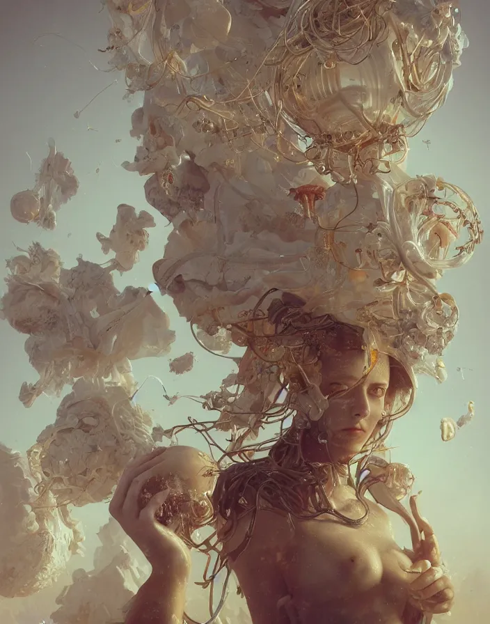 Prompt: solarpunk optimist future by Roberto Ferri. beautiful woman. vintage bulb. white plastic. gold baroque elements, jellyfish, butterfly, phoenix head. intricate artwork by Tooth Wu and wlop and beeple and dan mumford and greg rutkowski and nekroxiii. halo. octane render, cinematic, hyper realism, octane render, 8k, depth of field, bokeh. iridescent accents. vibrant.