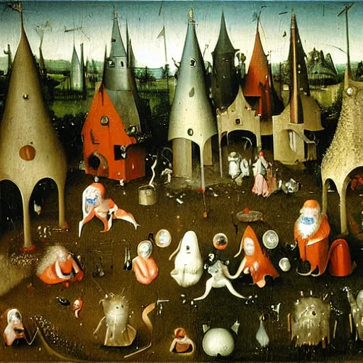 Image similar to Garden of Gnomes' Delights, detailed oil painting by hieronymus bosch