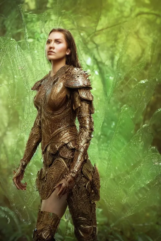 Image similar to mid shot of a regal brown woman wearing an intricate and detailed armor made of dew drops. woman is standing in a lush green forest. multiple layers. reflections. morning dew. textures. delicate. translucent. extremely coherent. studio portrait. photorealistic. octane render