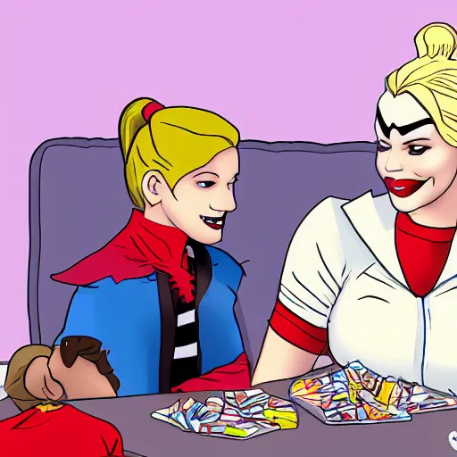 Prompt: Harley Quinn showing kids how to steal candy bars at Halloween Wikihow.