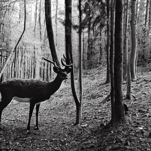 Prompt: camera footage of a monster deer in forest, old photo, night n - 9