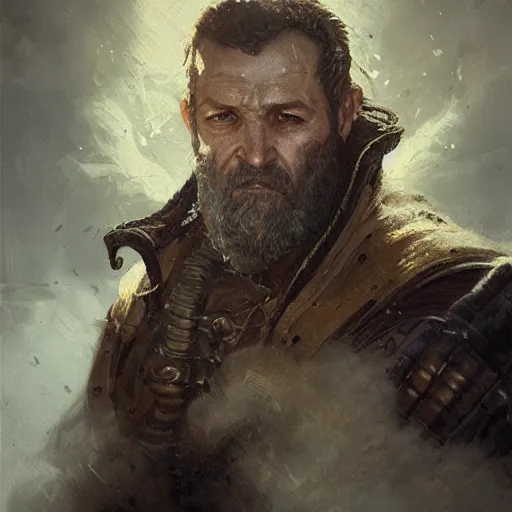 Prompt: Portrait of a middle aged man with mutton chops, medieval, detailed face, fantasy, highly detailed, cinematic lighting, digital art painting by greg rutkowski