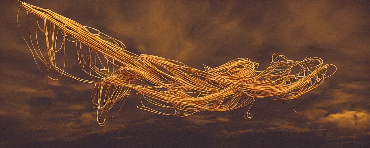 Prompt: an airplane made out of spaghetti, canon 5 0 mm, cinematic lighting, photography, retro, film, kodachrome