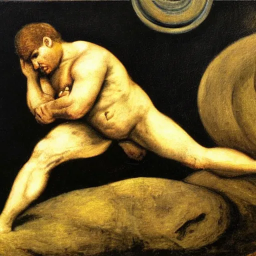 Image similar to a painting of benjamin netanyahu as sisyphus, by franz stuck