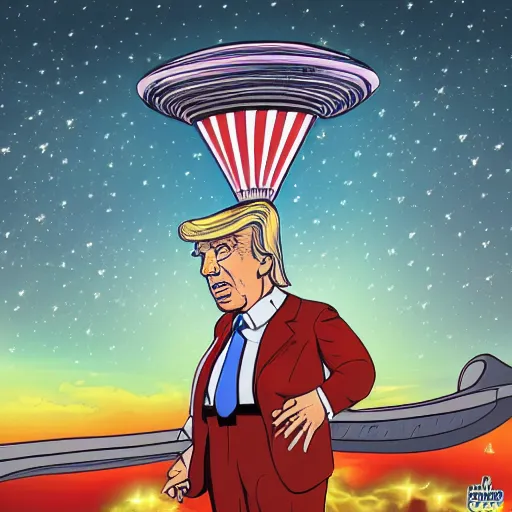 Prompt: an illustration of donal trump abducted by an ufo, hyper detailed, 8 k,