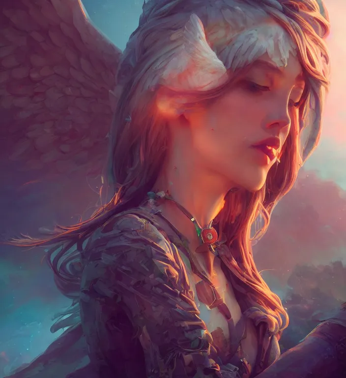 Image similar to centered waist up portrait photography an angel + bokeh + DOF + 8k, photorealistic + rendered in unreal engine + colors and composition by Peter Mohrbacher + line work by Dan Mumford , ultra realistic