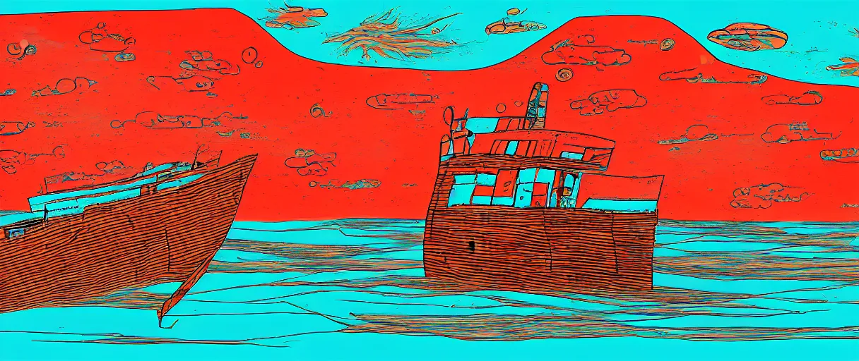 Image similar to a lone abandoned ship in the aral sea desert, in the style of daniel johnston and outsider art, 8 k, line brush, overlaid with chinese adverts