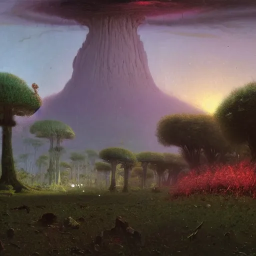 Prompt: A lovely picture of an alien landscape with mycelium aliens by John Berkey, by George Inness, by john Harris, forest made out of mushroom, purple and red and white gradient colour theme, trending on DeviantArt, rendered in blender, 8k resolution, Mountains