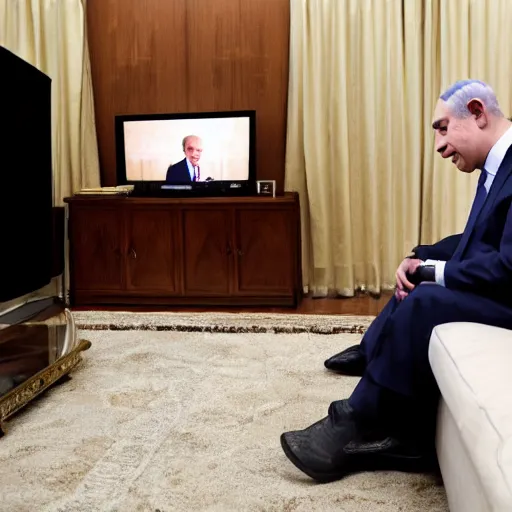 Prompt: Benjamin netanyahu watching the tv, photojournalism new york times