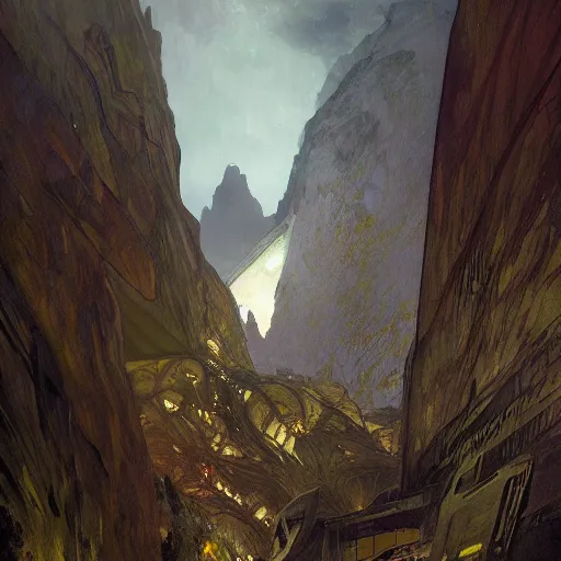 Prompt: hyperrealist portrait of a vast cliff face with one enormous futuristic building jutting out over a massive river valley at night by jeremy mann and alphonse mucha and alan lee, fantasy art, photo realistic, dynamic lighting, artstation, poster, volumetric lighting, very detailed faces, award winning, full face, symmetry