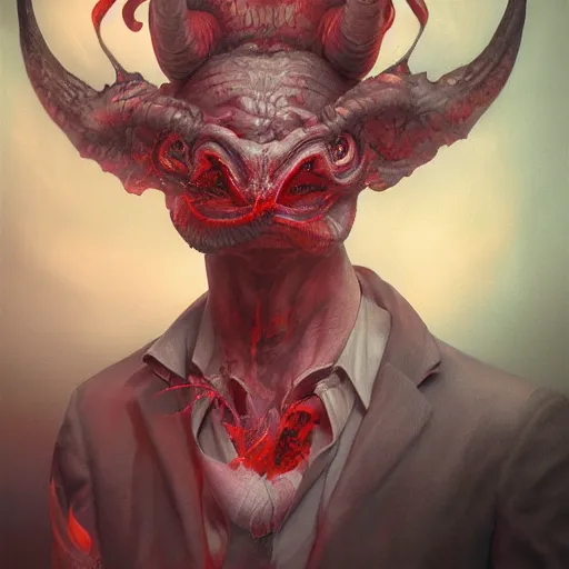 Image similar to realistic extremely detailed photo style portrait painting of a demon with smoke for a head and red burning eyes, siting in a chair, moebius, brom, ian miller, moody colors, octane render, 4k