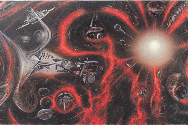 Image similar to painting by h. r. giger, infinite cosmos, blackhole sun, red matter, warp space, sharp focus, unimaginable composition