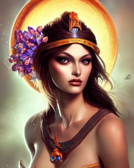 Image similar to auburn supermodel portrait with high cheekbones and fierce eyes, magical flower priestess, halo of light, WLOP and Artgerm, artstation
