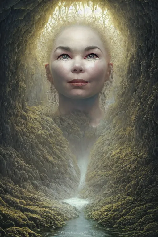 Image similar to beautiful bjork portrait in iceland by hubert robert and lee madgwick and roger dean and jacek yerka, dan mumford and alex grey style, soft lighting, 4 k hd wallpaper illustration concept joy atmospheric lighting