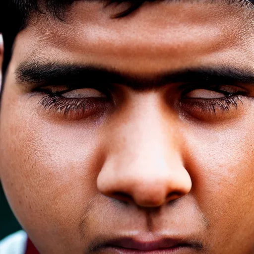 Prompt: close - up portrait photograph of a large teenage indian male with black eyes, a big mouth, chubby facial features, a messy stubble and short touselled black hair, highly detailed, anatomically correct features,