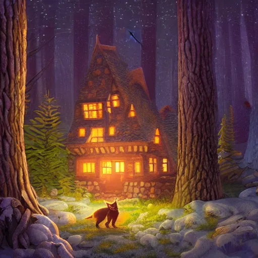 Prompt: a cartoonish big wolf is inside the chimney of a house in a mystical forest full of wonders, warm lighting, magical atmosphere, trending on artstation, 30mm, by Evgeny Lushpin trending on ArtStation, deviantart, high detail, stylized portrait