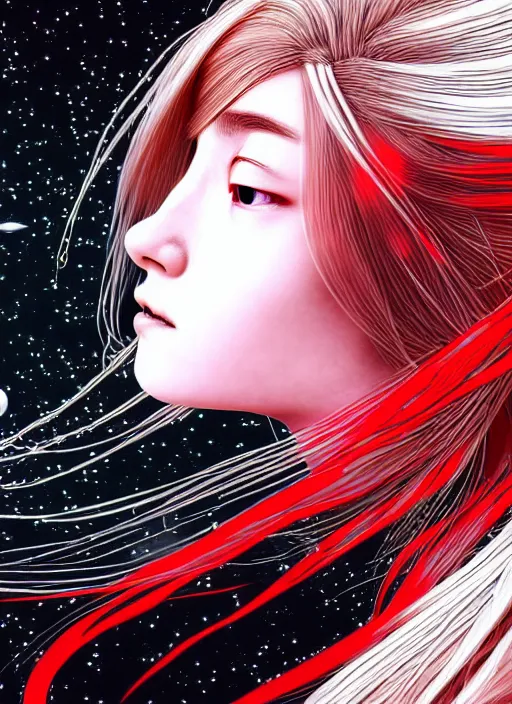 Prompt: highly detailed portrait of a hopeful pretty astronaut lady with a wavy blonde hair, by Kunisada , 4k resolution, nier:automata inspired, bravely default inspired, vibrant but dreary but upflifting red, black and white color scheme!!! ((Space nebula background))