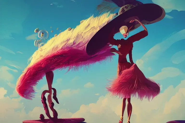 Image similar to a woman walking down a runway with a large cloudy hat on her head, a surrealist sculpture by anton fadeev, trending on behance, afrofuturism, made of feathers, whimsical, steampunk