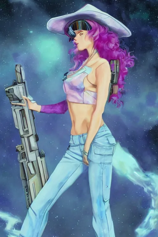 Image similar to Concept art of a beautiful space cowgirl holding a rifle. Vaporwave