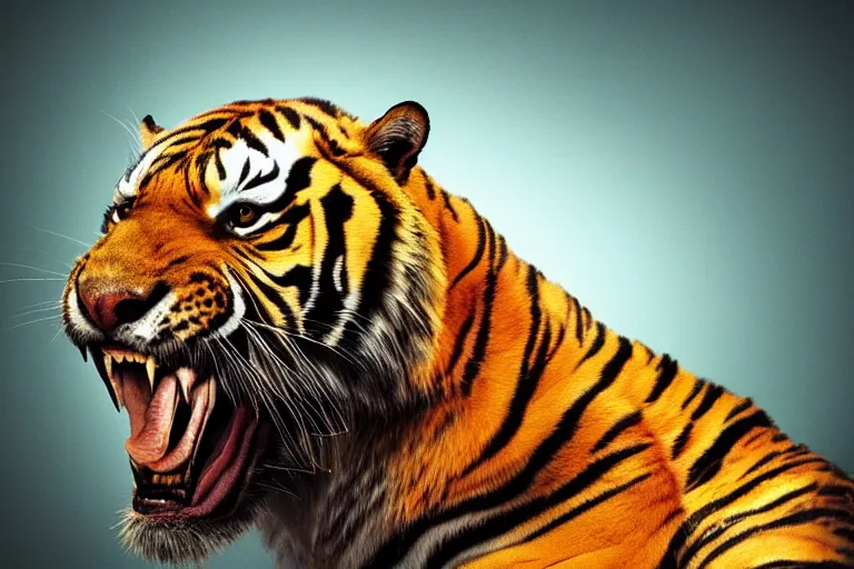 Image similar to An extremely bright studio photograph of a snarling tiger in the style of Salvador Dali, high-quality, professional, dramatic lighting, extremely high detail, trending on artstation