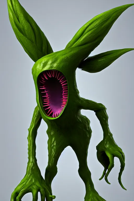 Image similar to anthropomorphic, mutant carnivorous plant, full body, character design by Disney and Pixar, sculpted in zbrush, minimal, dystopian, big eyes with eyelashes,extremely detailed, digital painting, artstation, concept art, volumetric lighting, golden ratio, rule of thirds, fibonacci