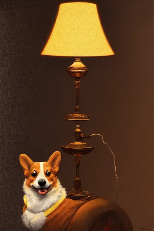 Prompt: a lamp in the style of a corgi oil on canvas, intricate, portrait, 8k highly professionally detailed, HDR, CGsociety