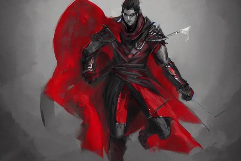 Image similar to a twin blade muscular swordsman, red and black cape and hoodie, scary, intimidating, worn out clothes, torn clothes, concept by Gilles Beloeil