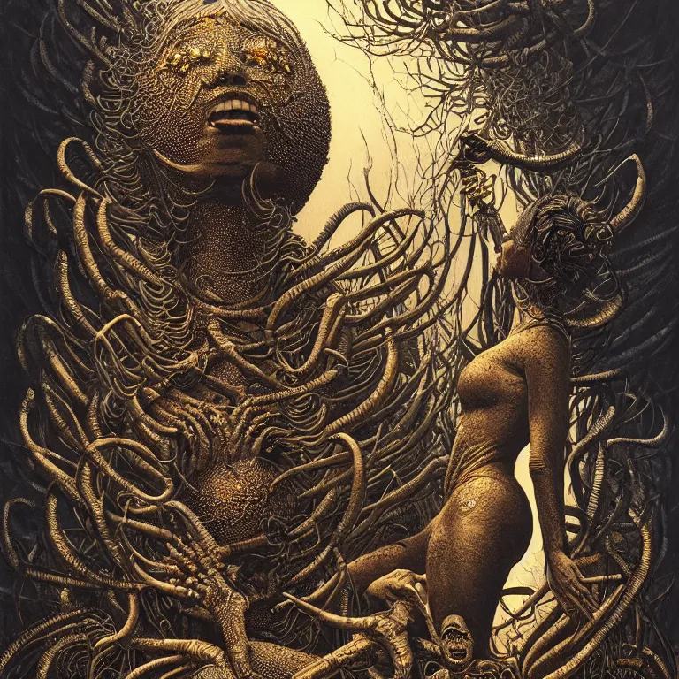 Image similar to Goddess of the golden harvest painting by Dan Hillier and H. R. Giger and Greg Rutkowski, intricate, highly detailed, trending on artstation, artstationHD, artstationHQ, 4k, 8k, sharp, rich vivid colors