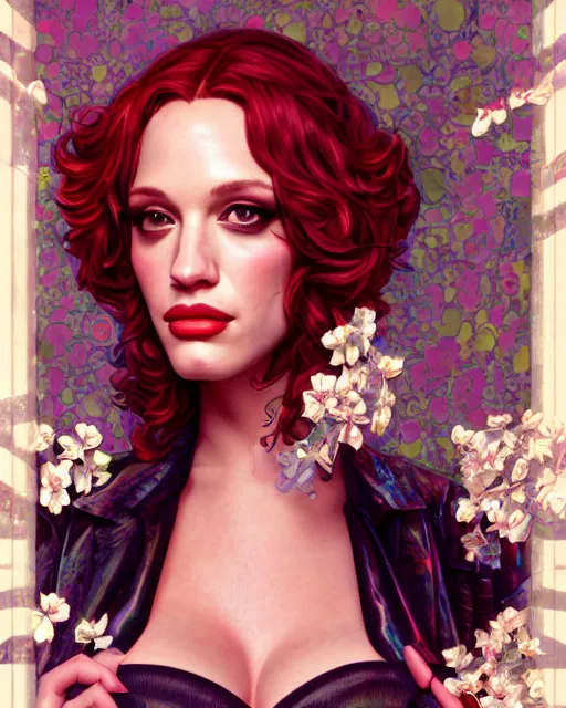 Image similar to sophisticated portrait of christina hendricks britney spears kat dennings, 1 9 8 0 s flower power hippy, very smoky cyberpunk paris bar, elegance, highly detailed, shallow depth of field, artstation, artgerm, donato giancola and joseph christian leyendecker