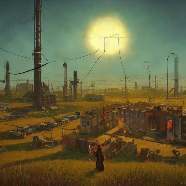 Prompt: An atompunk buildings with the sun shining through the clouds,,in utopia by Simon Stålenhag and Greg Rutkowski,In style of Grant Wood.hyper detailed,8K Resolution,highly realistic.trending on Artstation.oil on canvas