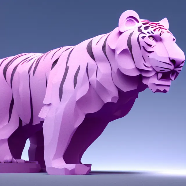 Image similar to 4 k 3 d render of a gigantic tiger made of crystaline rose quartz