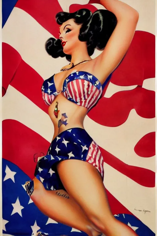 Image similar to Traditional American Pinup Girl Tattoo of Elvira by Gil Elvgren, american flags, f35 fighter jet,