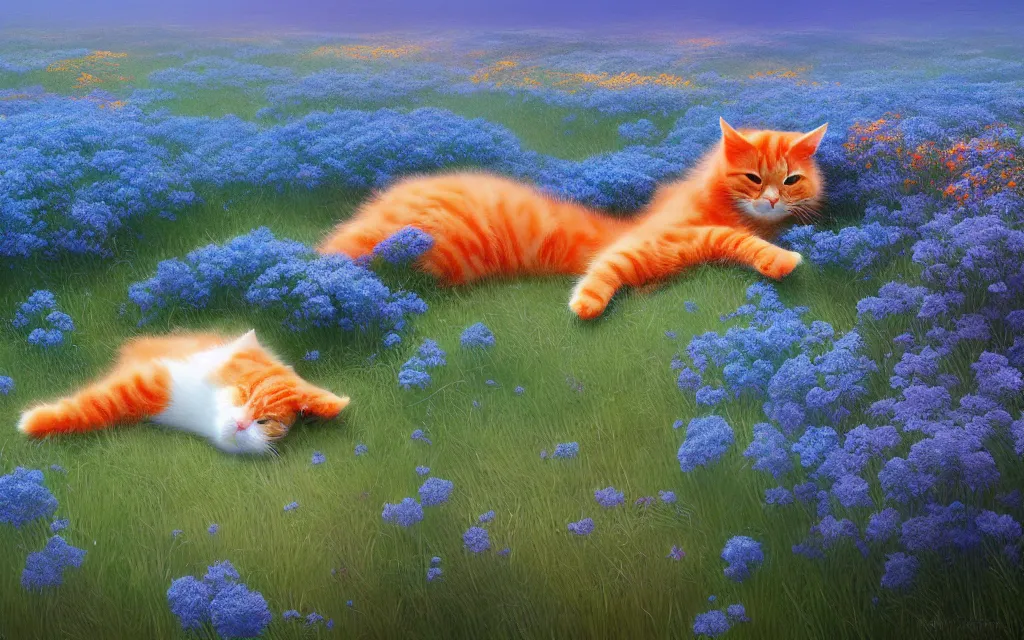 Image similar to fluffy orange cat sleeping in a field of blue flowers, matte painting, digital illustration, concept art, by makoto shinkai and ruan jia