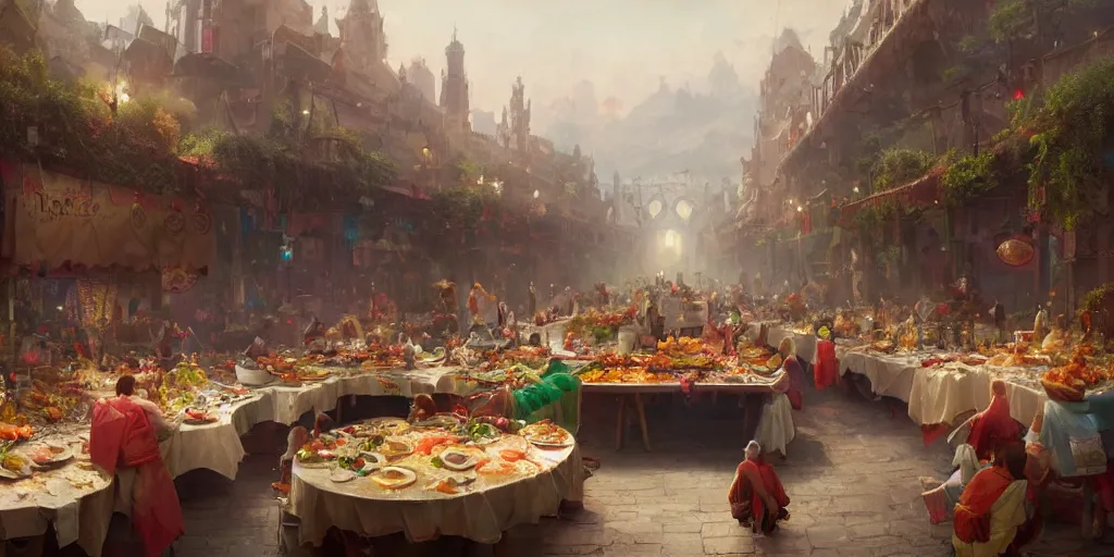 Image similar to matte painting of a fisheye view of a gigantic table with a banquet of delicious food of many colors and flavors, by greg rutkowski, trending on artstation, high quality, global light, tilt shift